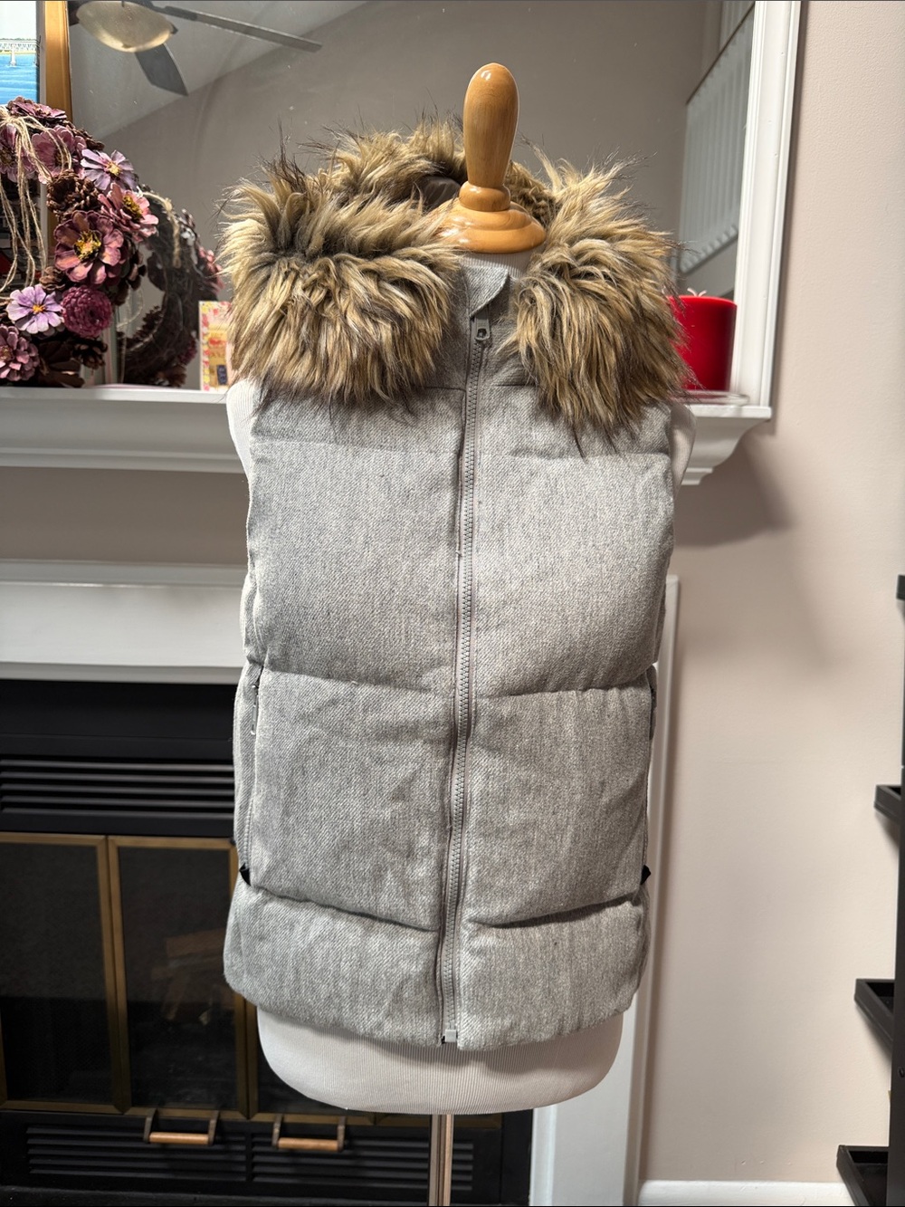 Gap Grey Puffer Vest with Faux Fur Hood